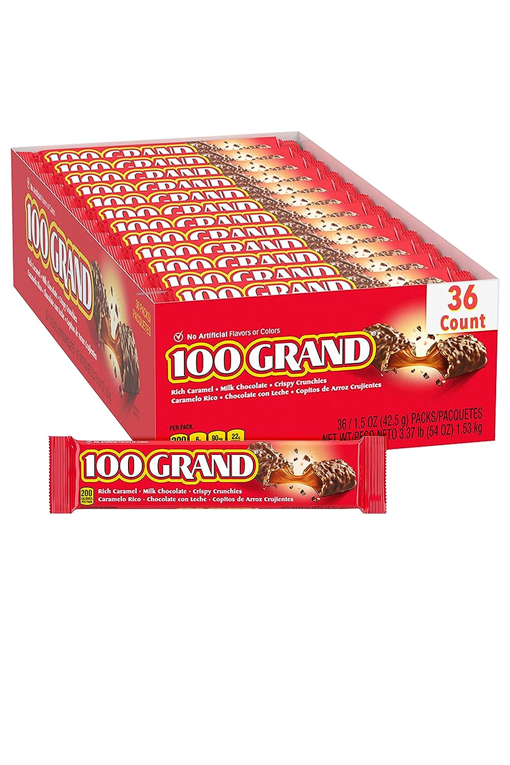 100 Grand Crispy Milk Chocolate with Caramel, Full Size Individually Wrapped Candy Bars, 1.5 oz each, Bulk 36 Count Box