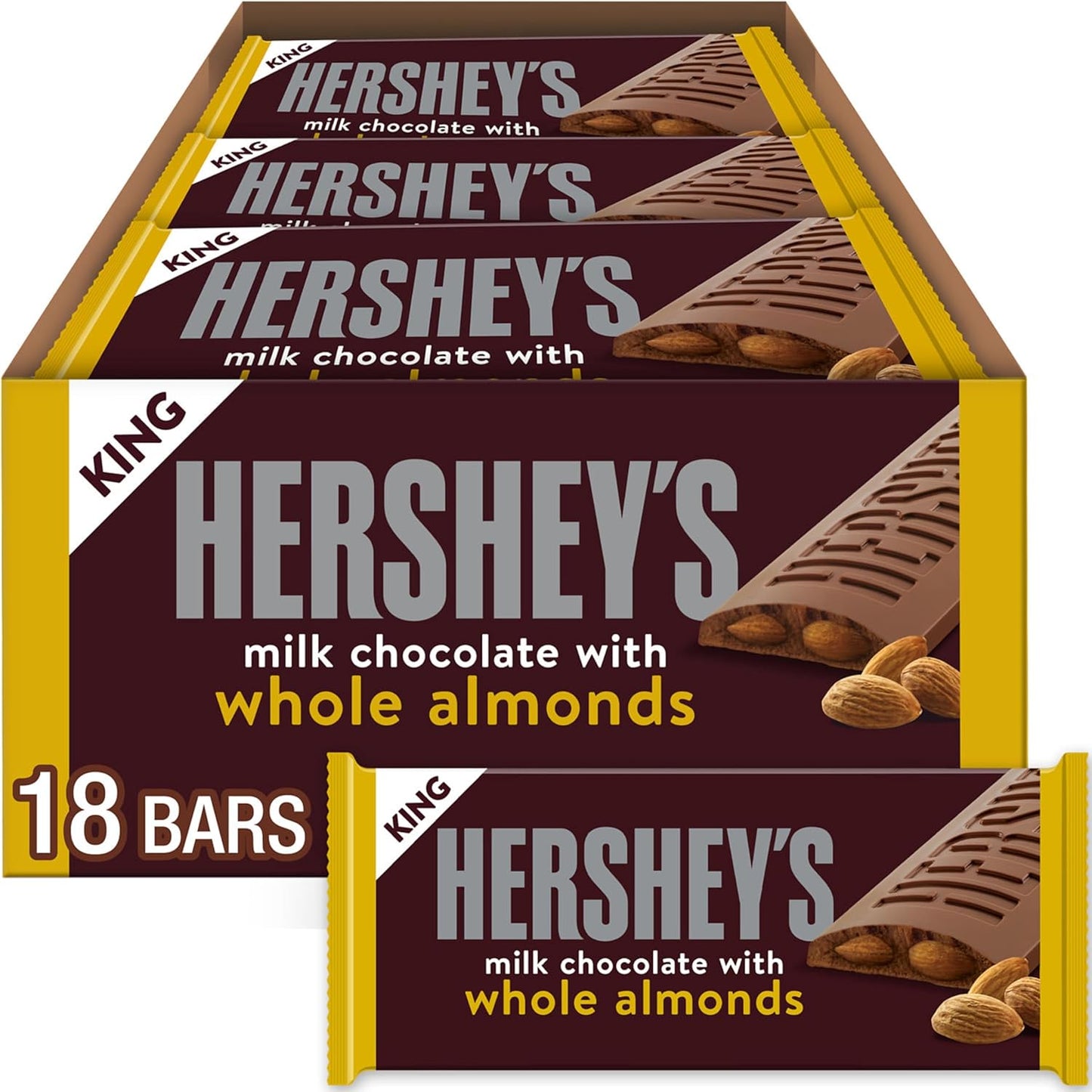 HERSHEY'S Milk Chocolate with Whole Almonds Candy Bars, 2.6 oz (18 Count)