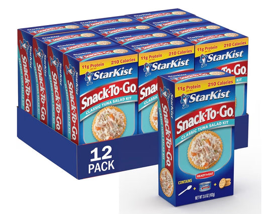 StarKist Snack-To-Go Ready to Eat Meals Tuna Salad Kit, 3.6 oz
(12 Pack) Classic Tuna Salad with Crackers Kit.